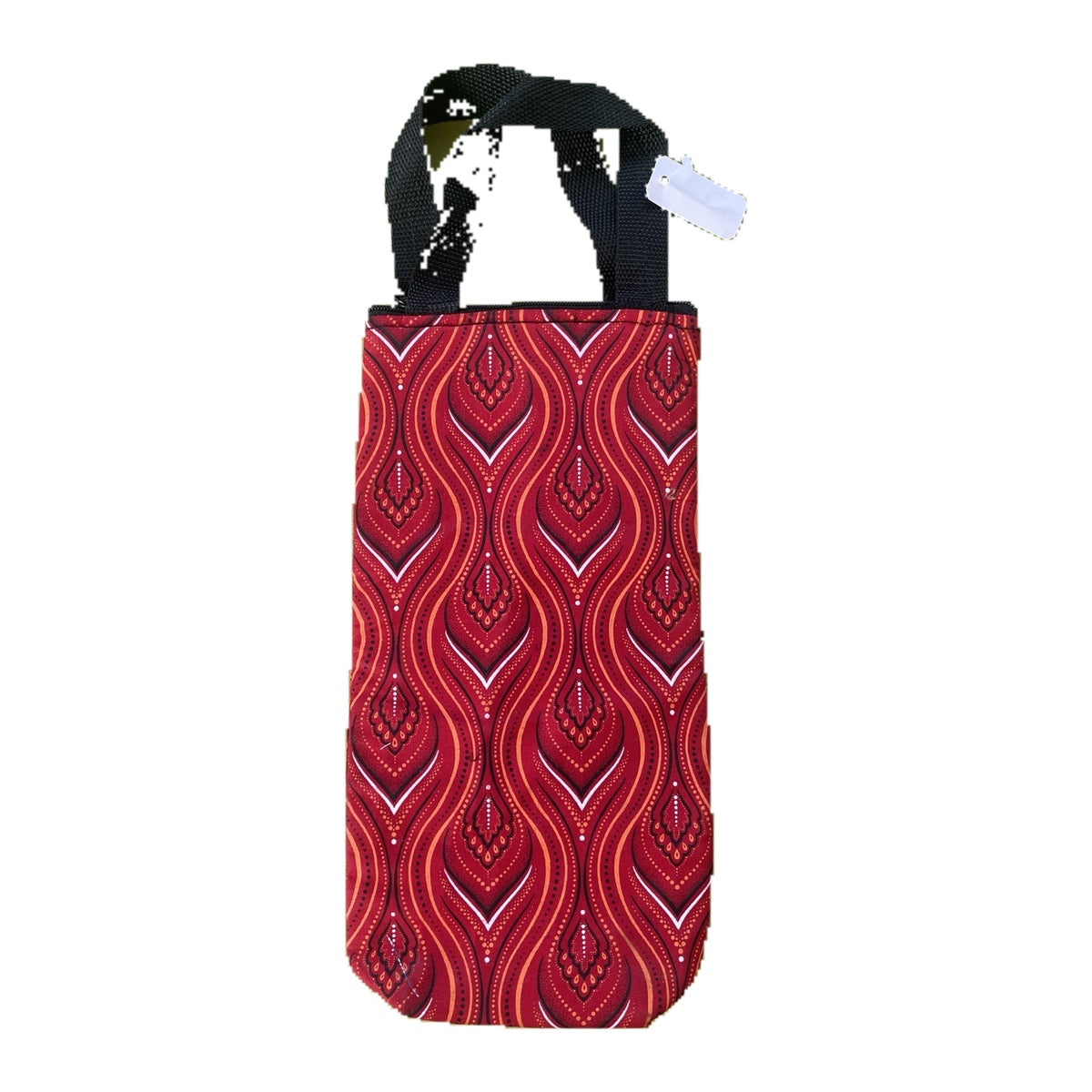Red Heritage African print bottle carrier on white studio background
