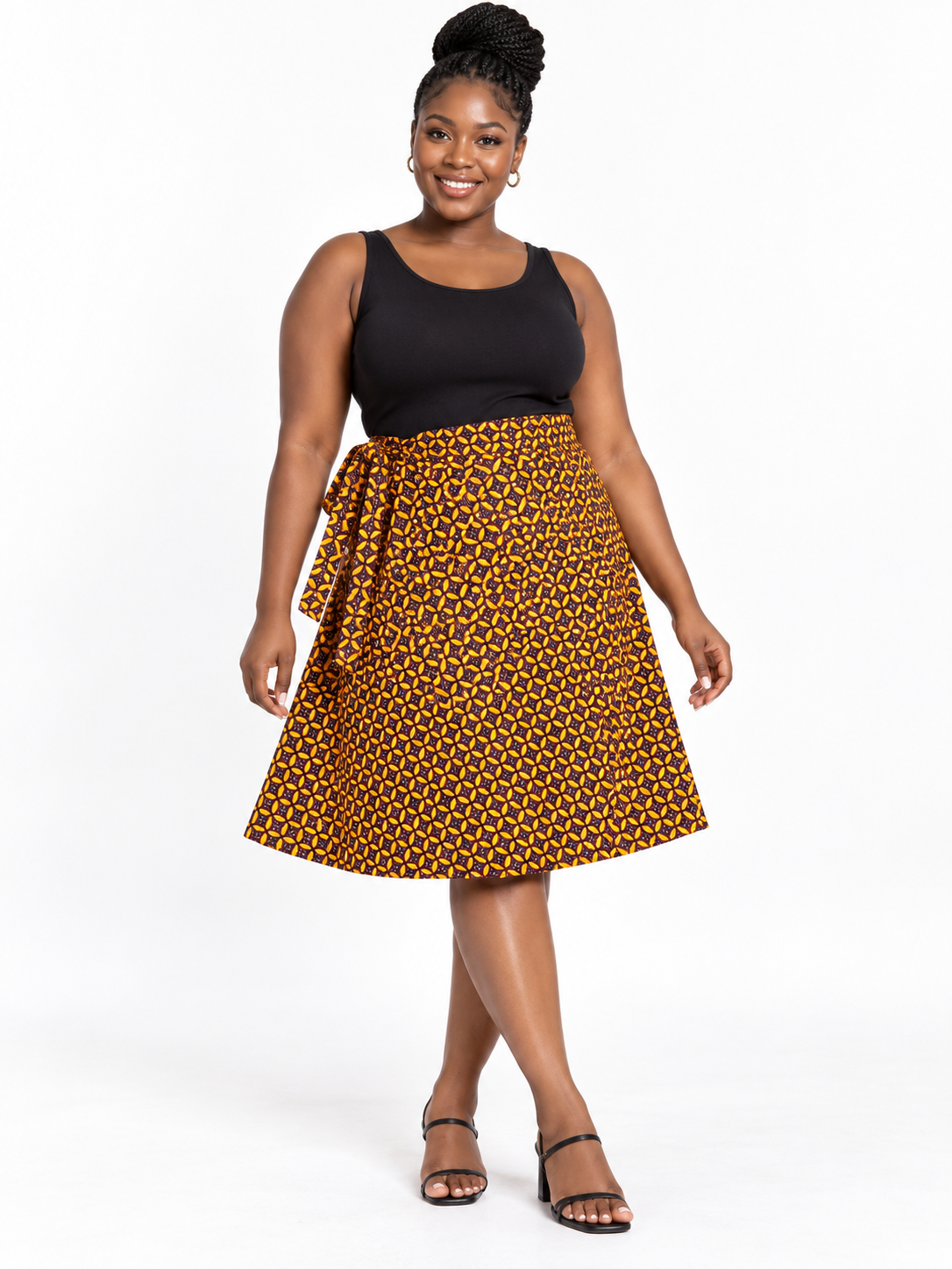 Golden Petal African Print Wrap Skirt — front view