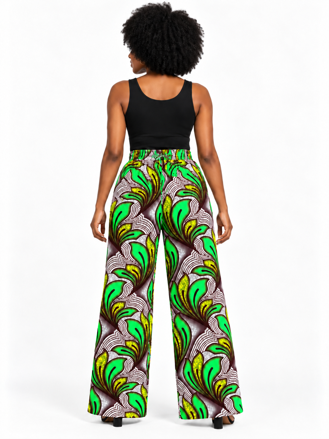 Green Leaf African Print Wide-Leg Trousers — back view