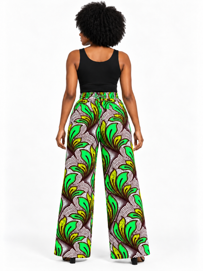 Green Leaf African Print Wide-Leg Trousers — back view