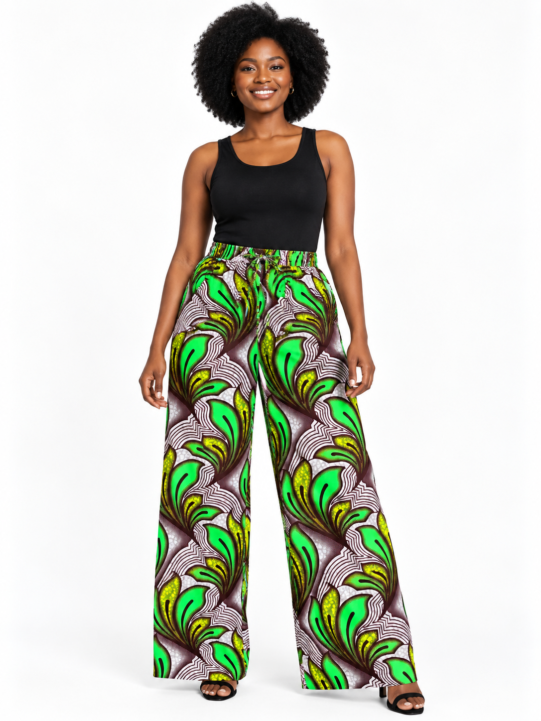 Green Leaf African Print Wide-Leg Trousers — front view