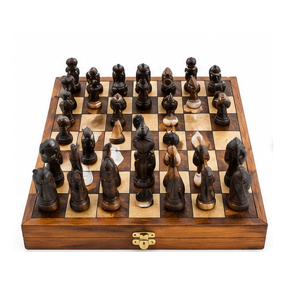 Hand-carved wooden African chess set on white studio background