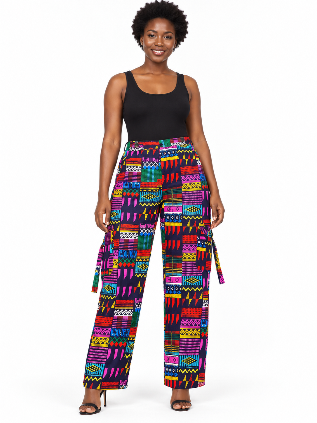 Multicolour Geometric African Print Cargo Trousers — front view