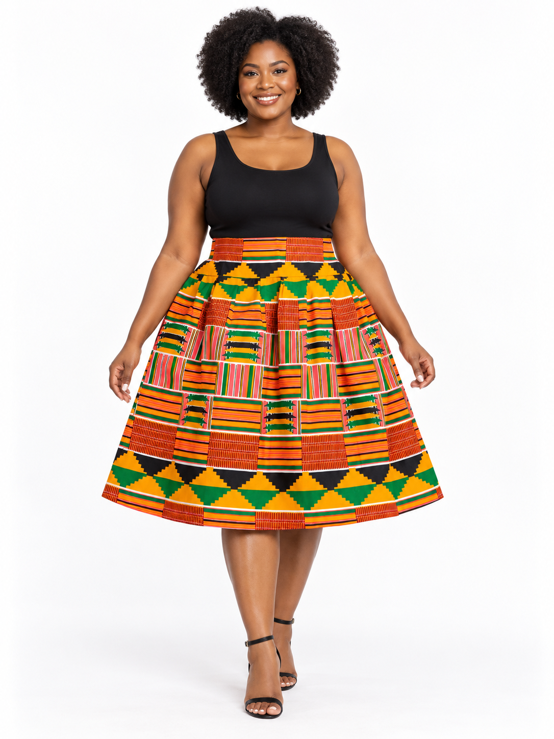 Multicolour Kente Print Flared Skirt — front view