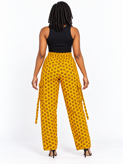 Mustard Circle African Print Cargo Trousers — back view