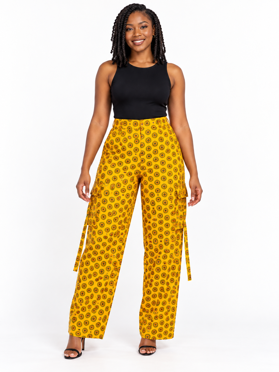 Mustard Circle African Print Cargo Trousers — front view