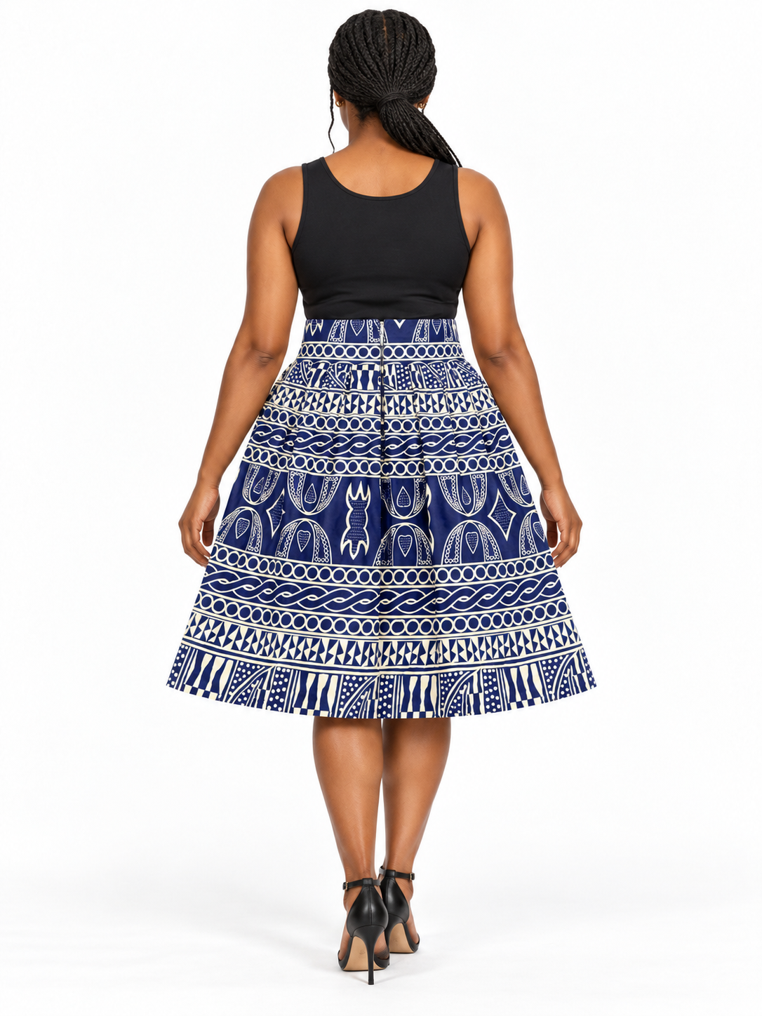Navy Cream Geometric African Print Skirt — back view