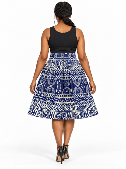 Navy Cream Geometric African Print Skirt — back view