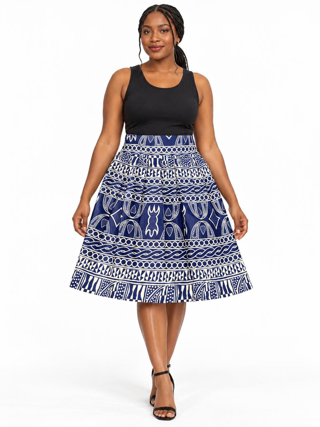Navy Cream Geometric African Print Skirt — front view