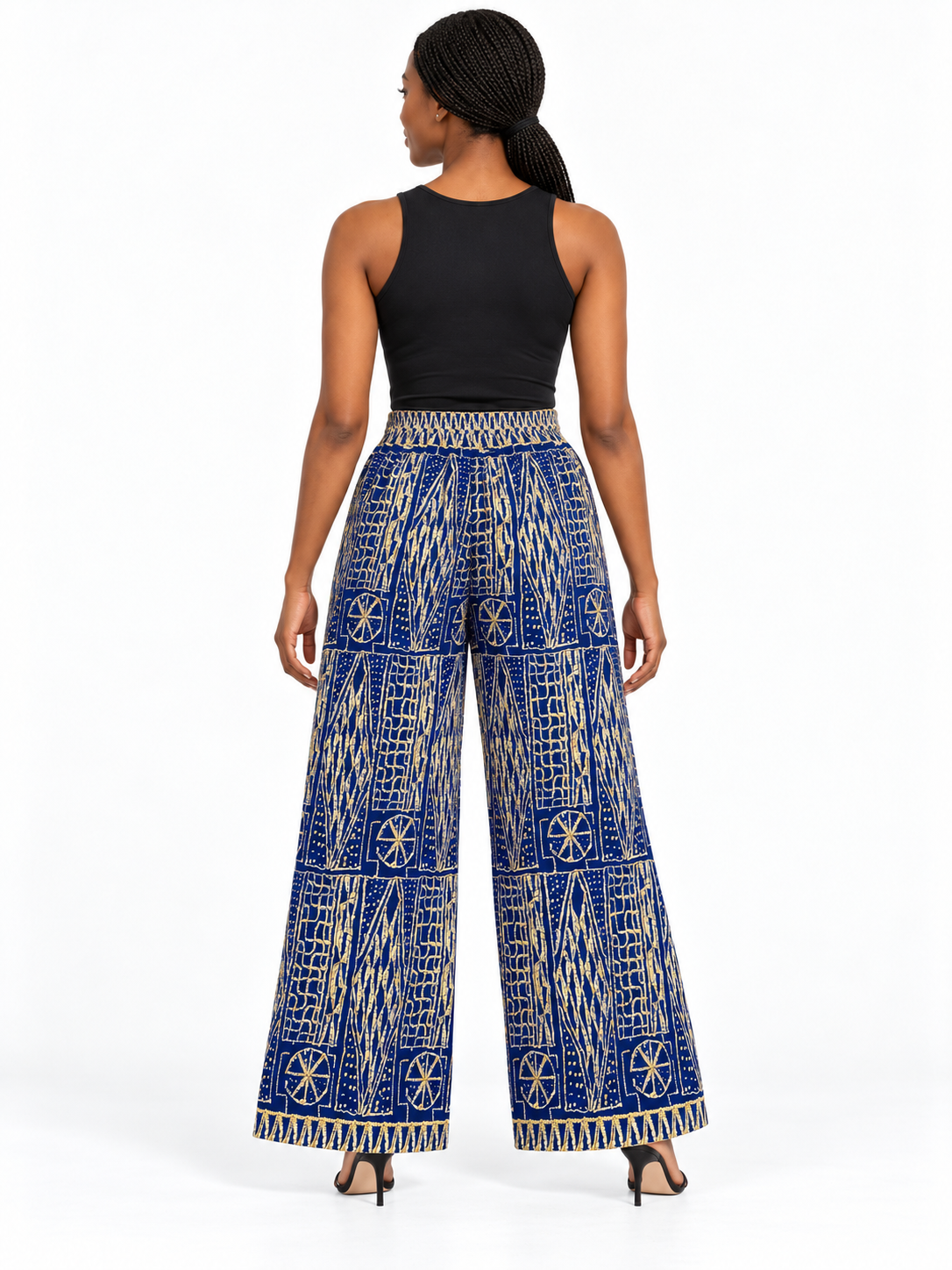 Navy Cream Geometric African Print Wide-Leg Trousers — back view