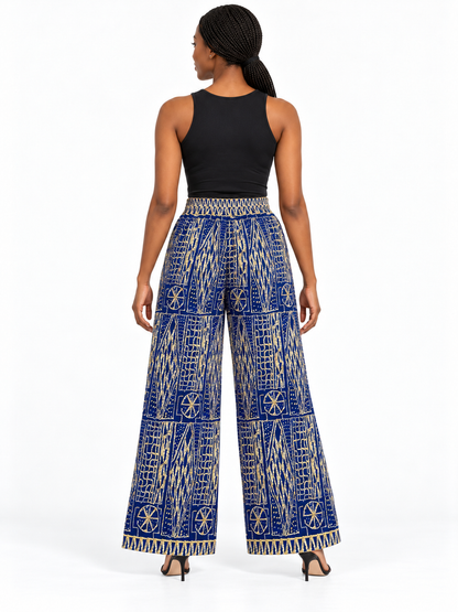 Navy Cream Geometric African Print Wide-Leg Trousers — back view