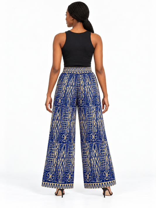 Navy Cream Geometric African Print Wide-Leg Trousers — back view