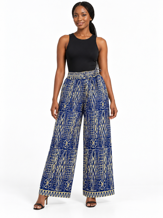 Navy Cream Geometric African Print Wide-Leg Trousers — front view