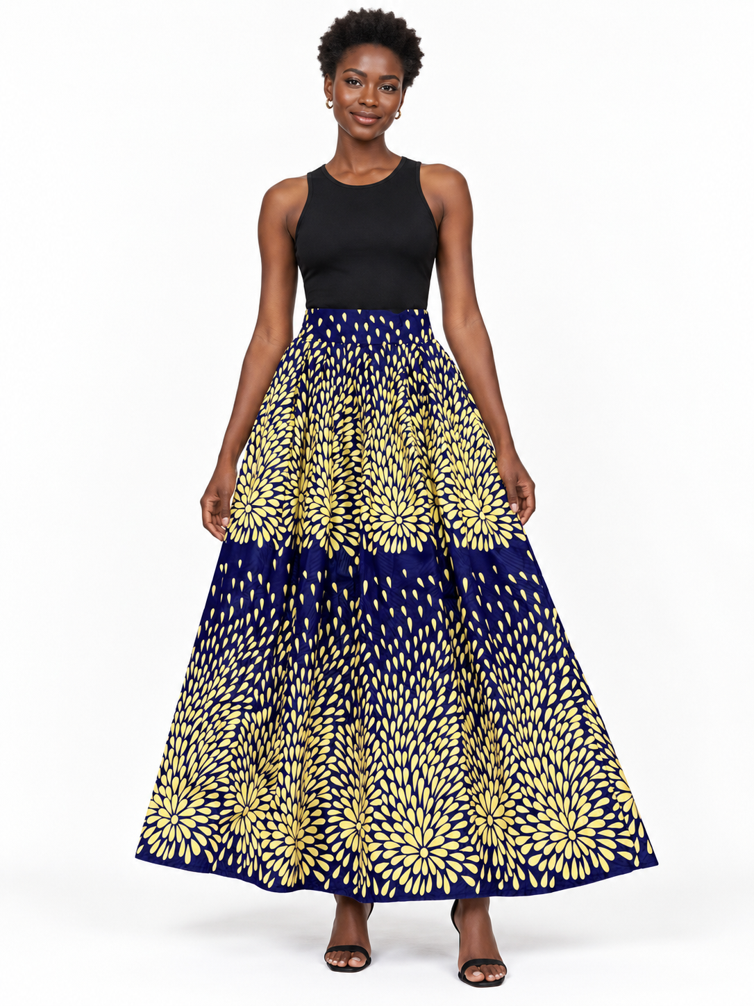Navy Yellow Floral African Print Maxi Skirt — front view