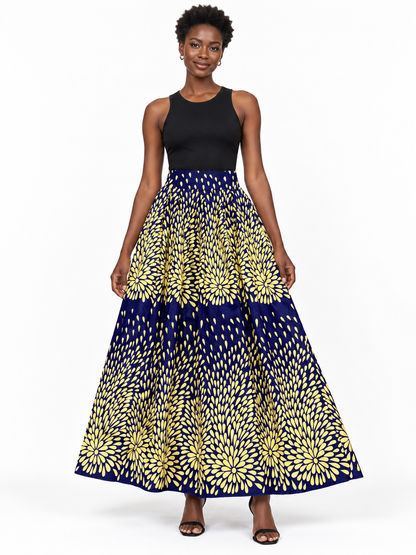 Navy Yellow Floral African Print Maxi Skirt — front view