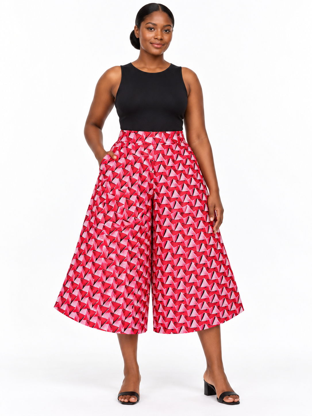 Red Geometric African Print Culottes — front view
