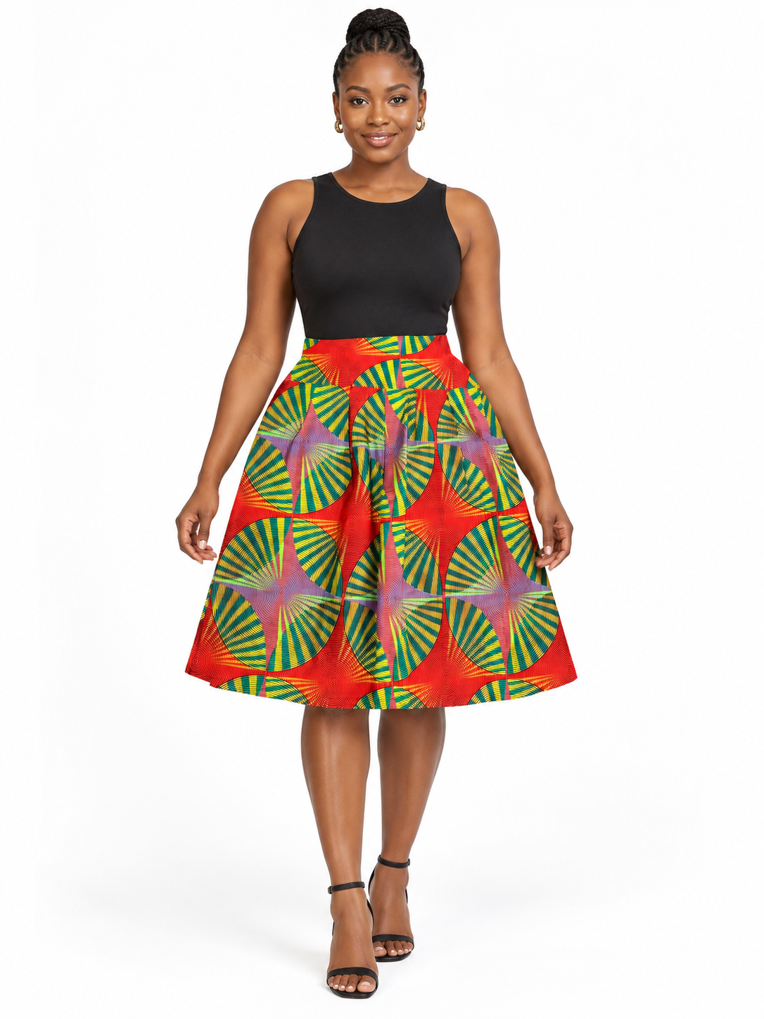 Red Pinwheel African Print Flared Skirt — front view