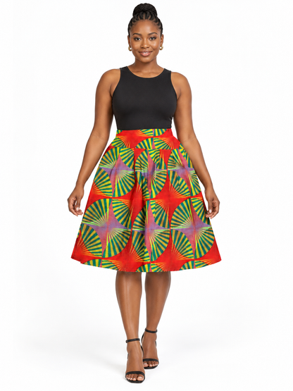 Red Pinwheel African Print Flared Skirt — front view