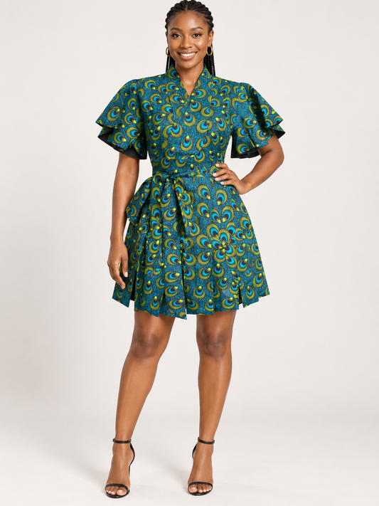Emerald Peacock African Print Wrap Dress
